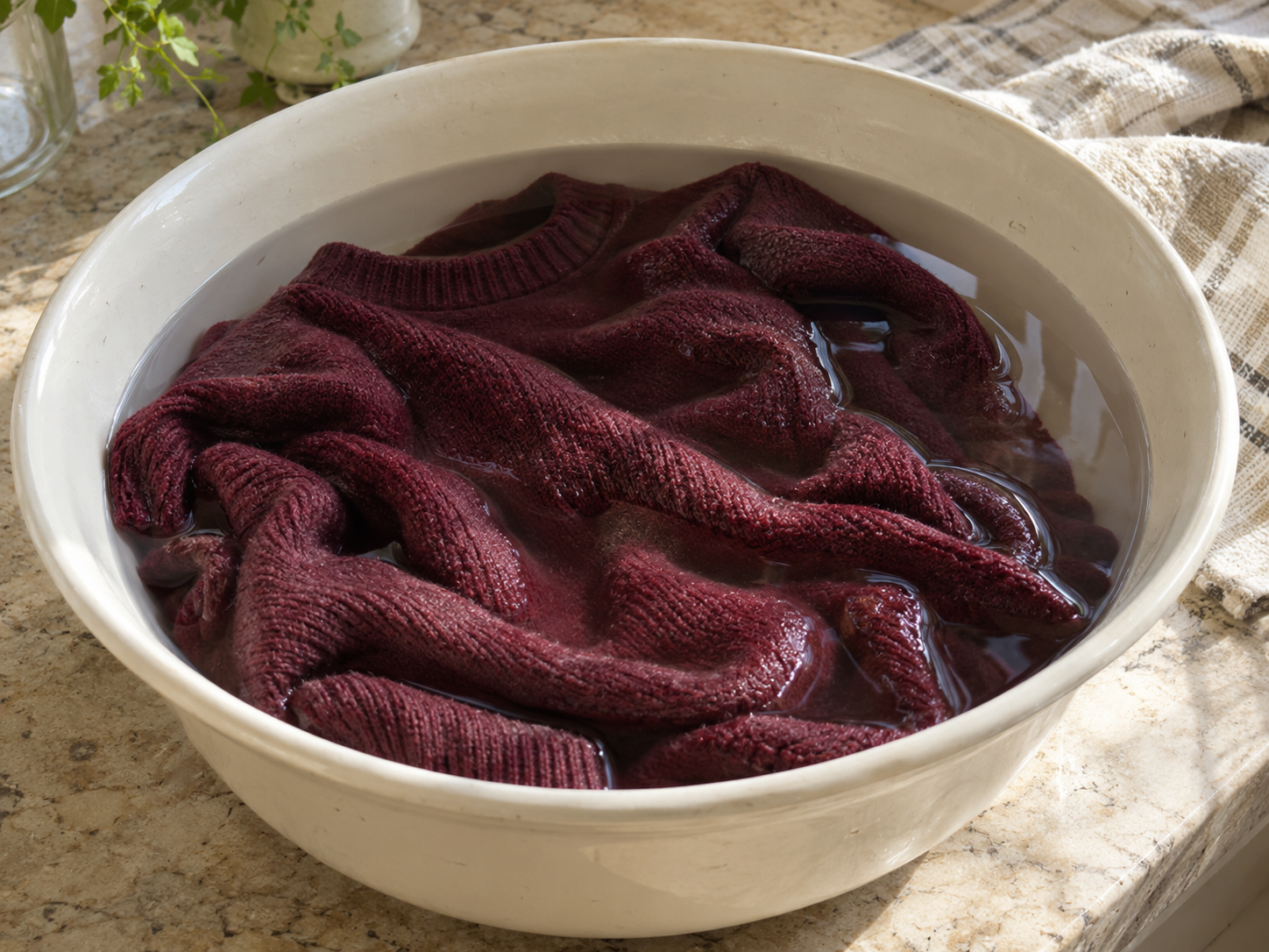 Muted burgundy knit garment partly submerged in a pale basin of water.