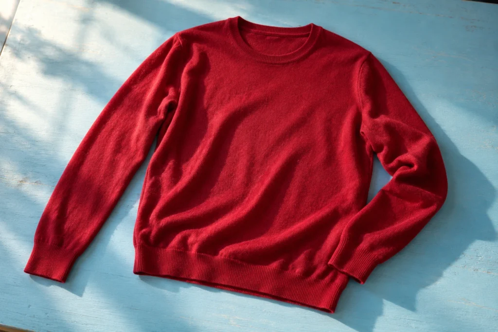 Fine-knit red wool sweater laid on a powder-blue table in angled natural light.