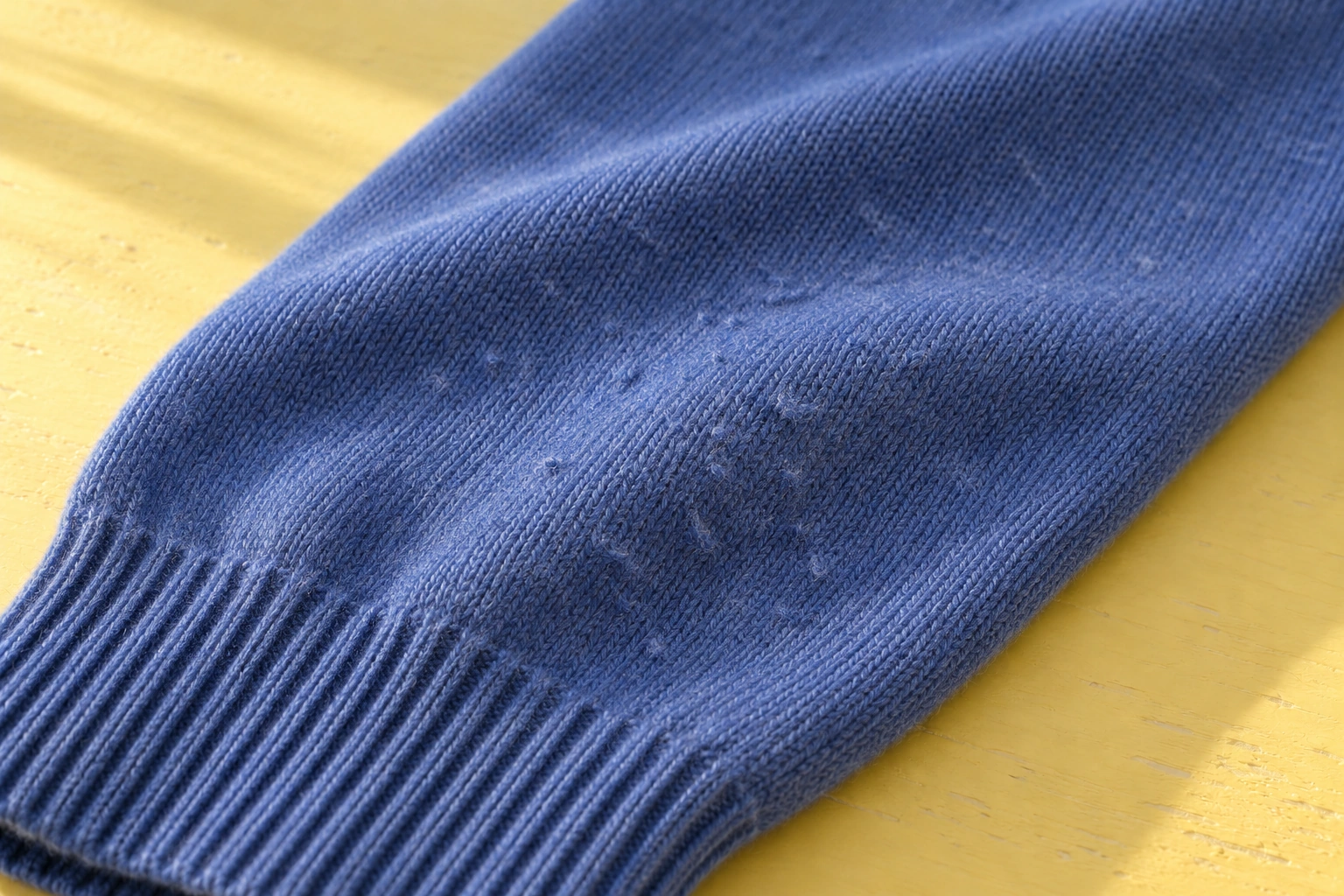 Small irregular fiber tangles and surface fuzz on a blue sweater sleeve near its ribbed cuff.