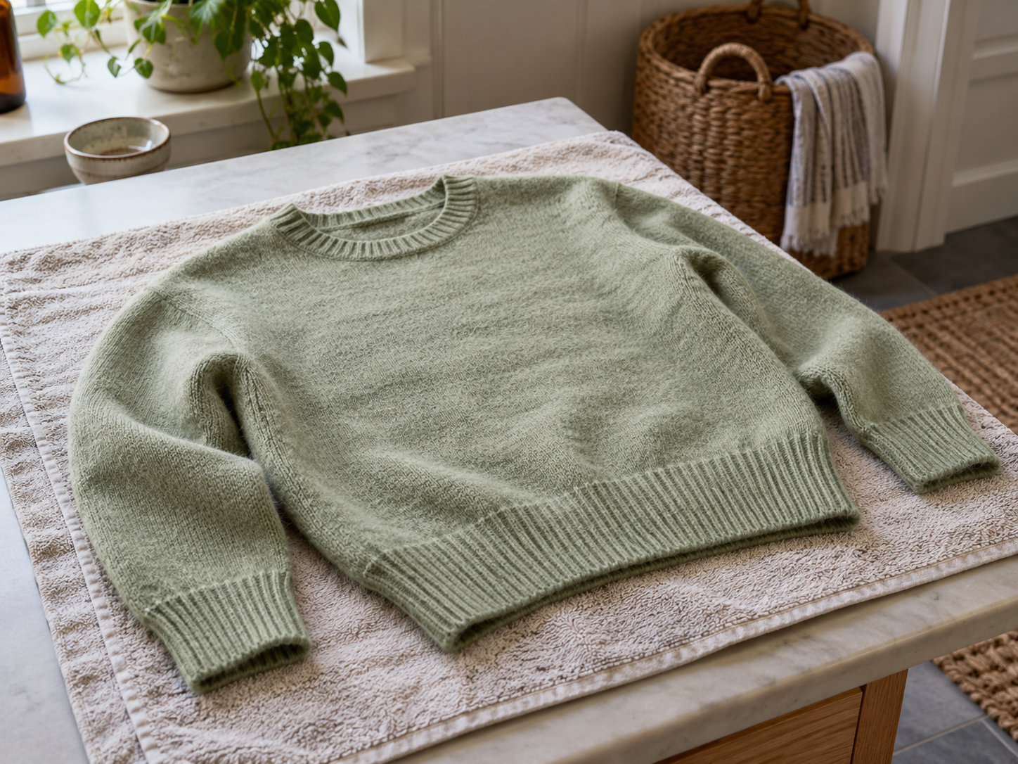 Soft green sweater laid flat with relaxed sleeves on a pale towel over a drying surface.