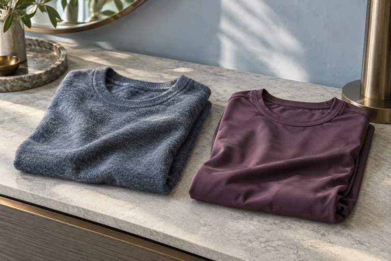 Olive Merino wool long-sleeve top alongside a golden polyester performance T-shirt near a mountain-view window