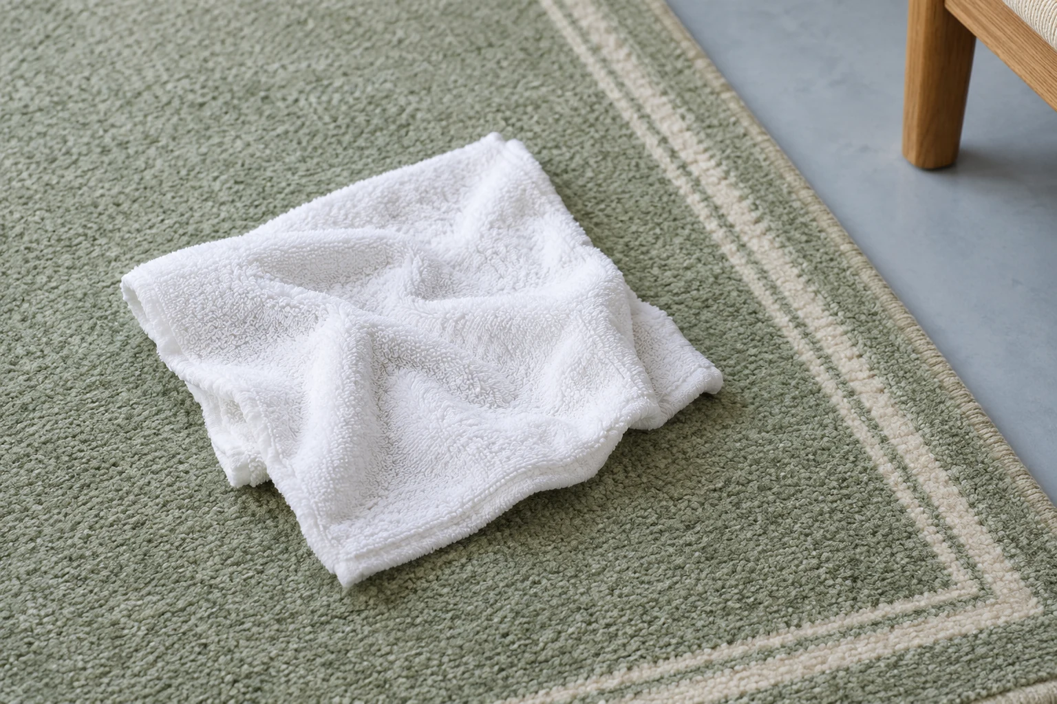 Folded white absorbent towel resting on a sage-green wool area rug with cream border