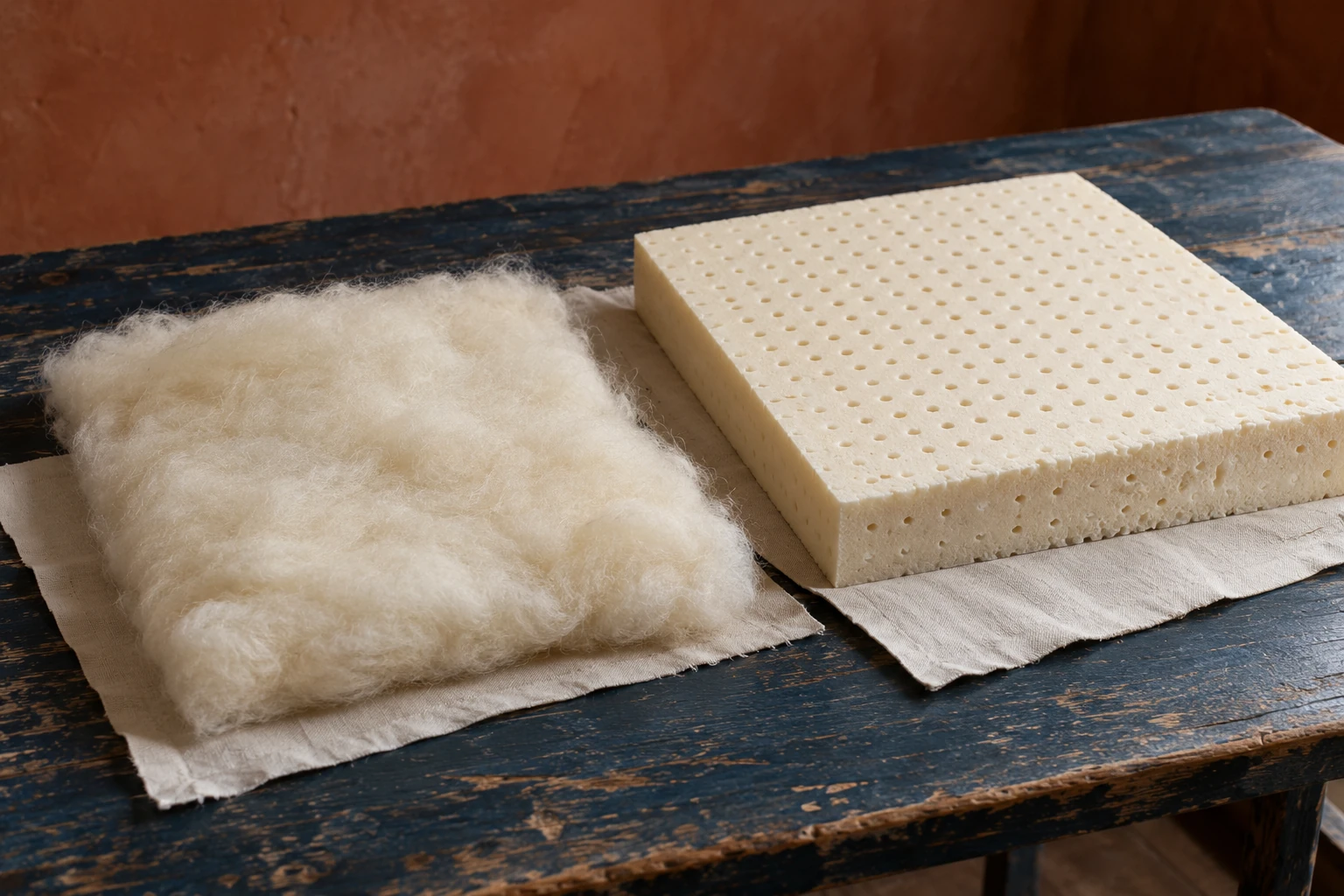 Wool batting and a perforated latex foam sample on cotton swatches on a blue workbench