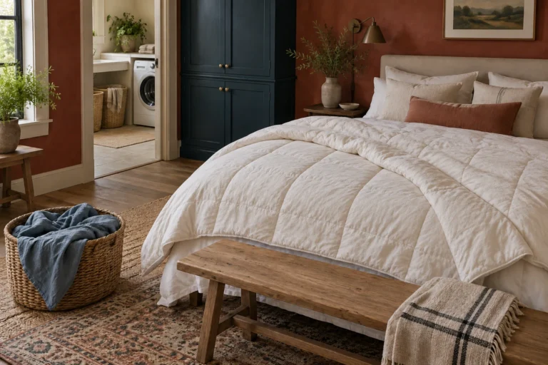 Quilted comforter on a bed beside a basket holding a separate blue duvet cover