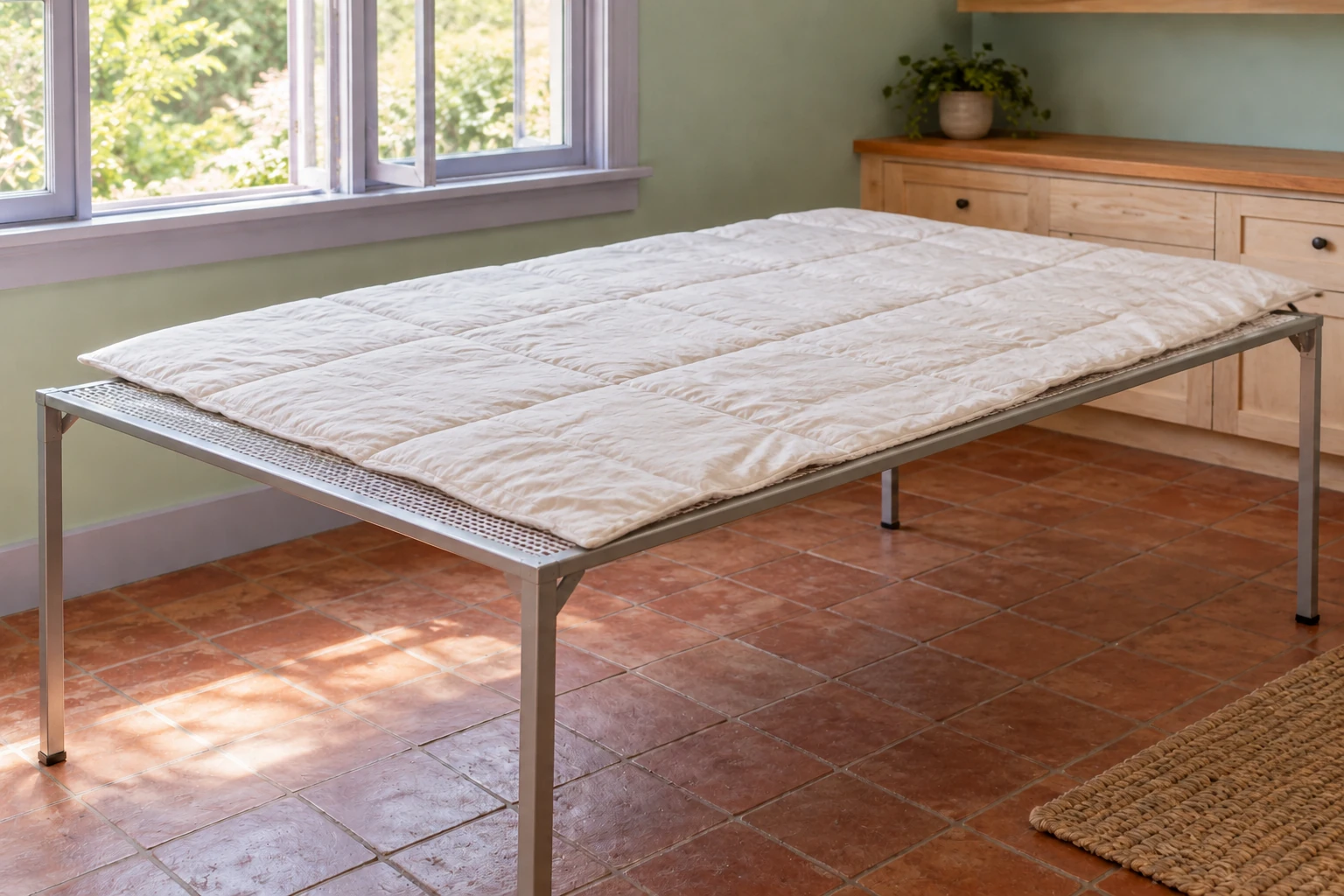 Low-loft quilted comforter supported on a large mesh drying rack beside an open window