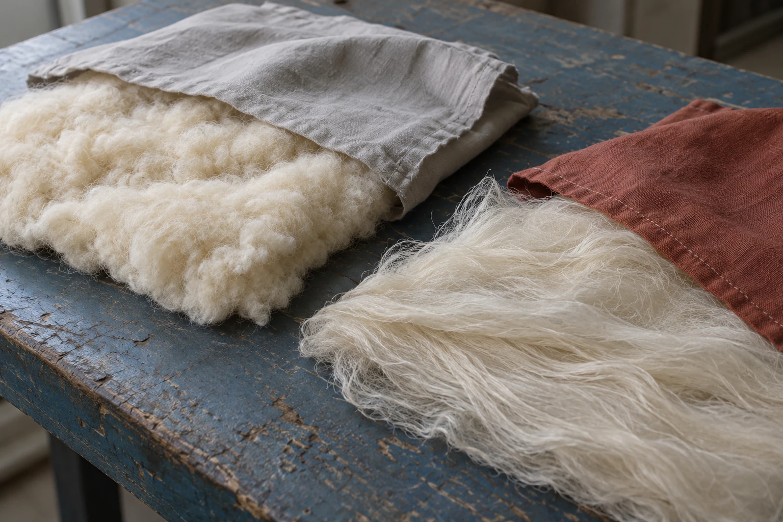 Lofted and layered bedding-fill samples partly covered by gray and rust fabrics on a blue textile workbench.