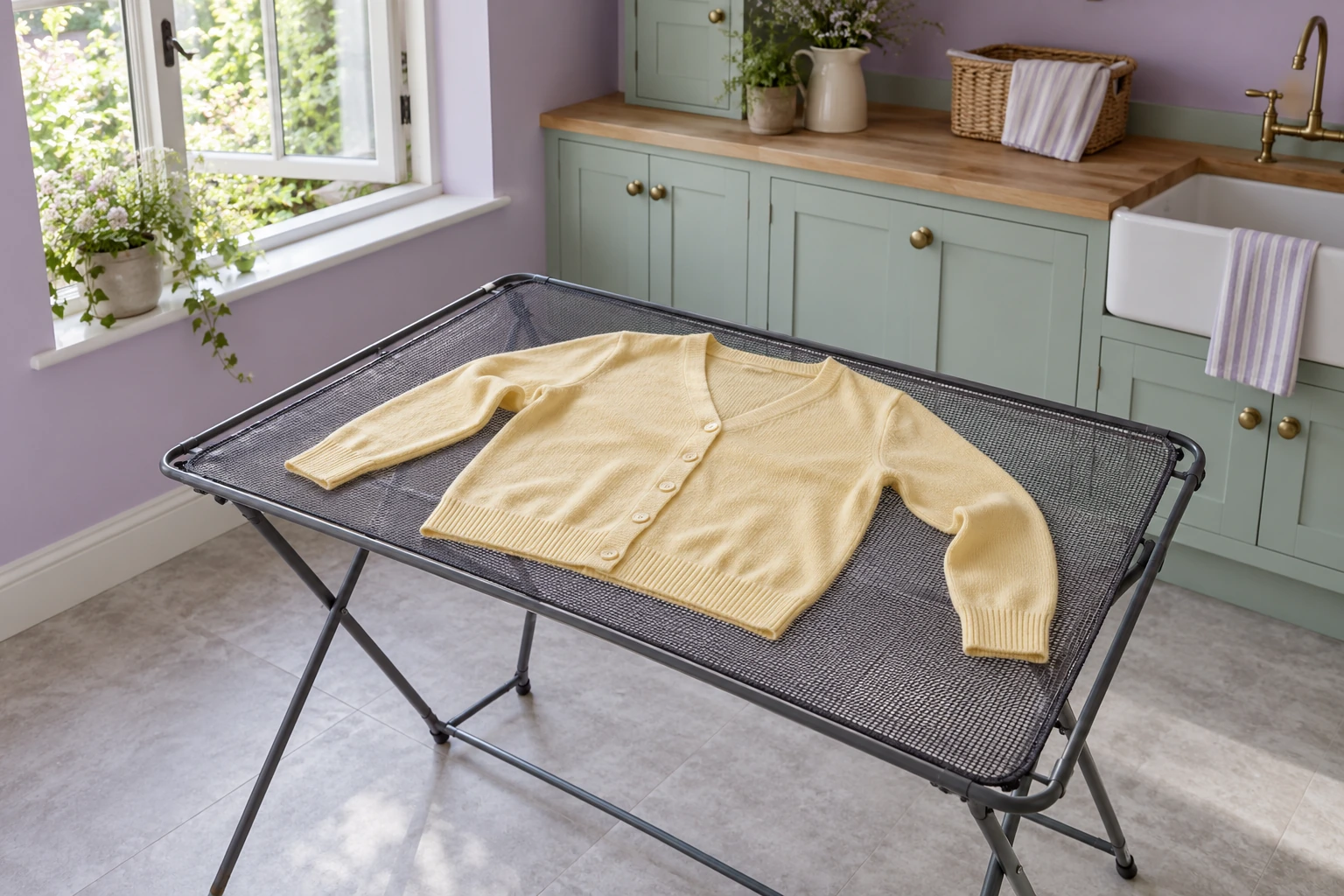 Yellow wool cardigan drying flat on a breathable mesh rack in a lavender and green utility room