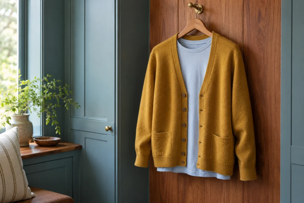Ochre wool cardigan layered over a pale blue cotton top on a hanger in a blue-green wardrobe