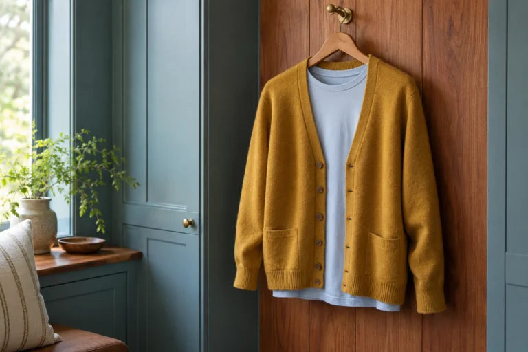 Ochre wool cardigan layered over a pale blue cotton top on a hanger in a blue-green wardrobe