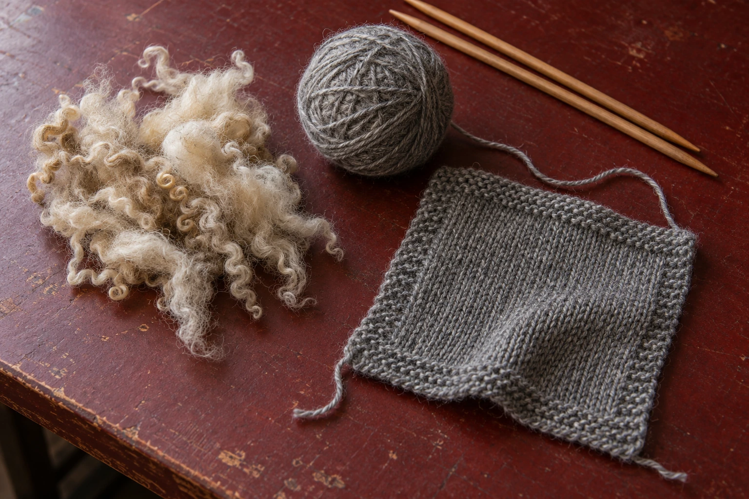 Natural wool locks, gray wool yarn and a knitted swatch on a red textile workbench