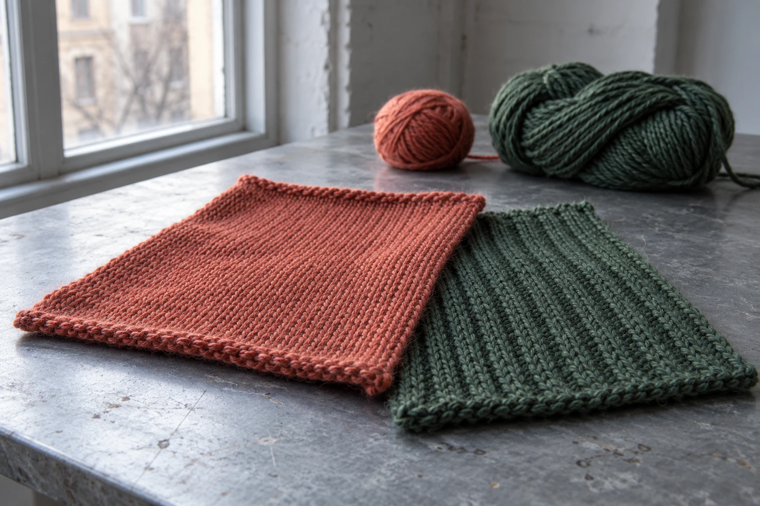 Coral and green wool knit samples with different stitch structures on a textile studio worktable