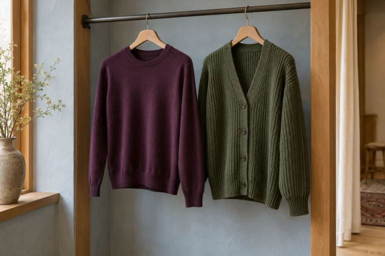 Plum crewneck sweater and moss-green ribbed cardigan displayed together in a knitwear fitting area
