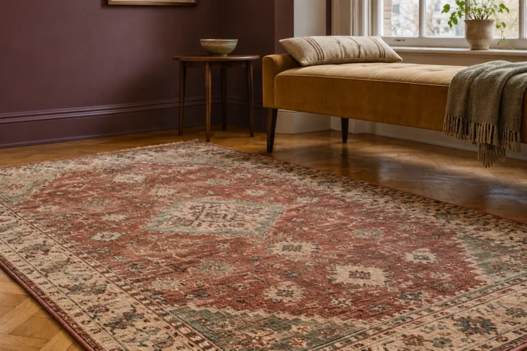 Patterned wool rug with a clear edge beside an ochre bench in a plum-colored room