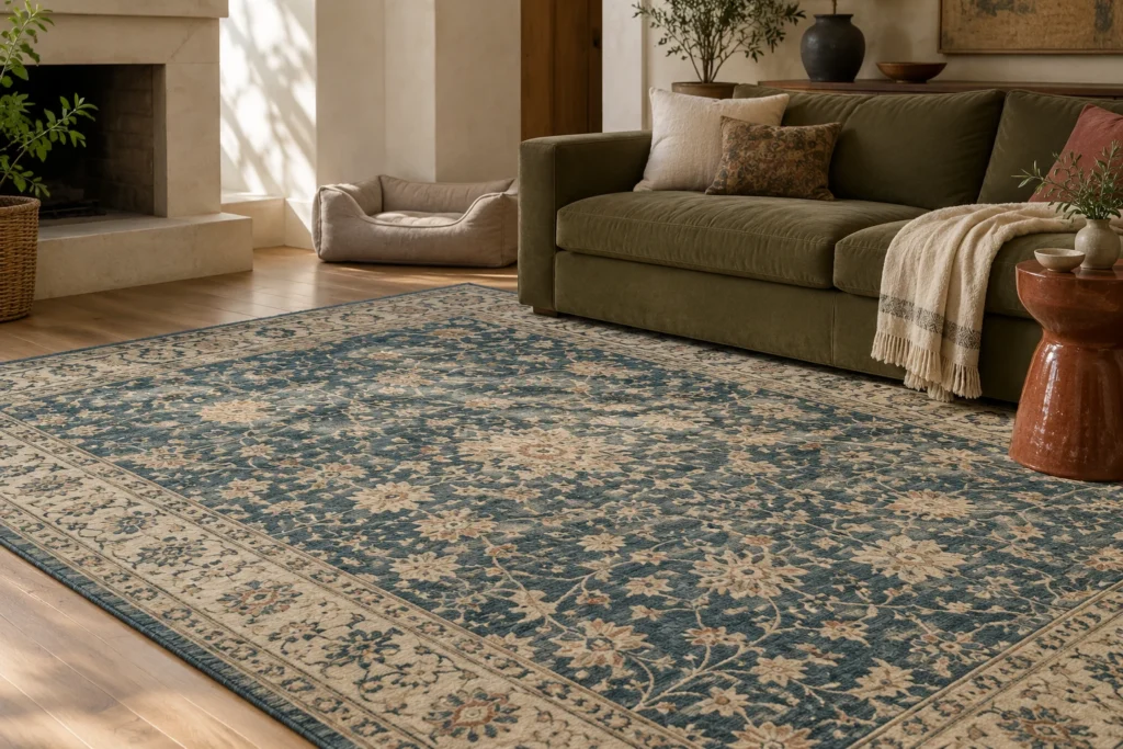 Blue and cream patterned wool area rug in a cozy living room with an olive sofa and a dog bed