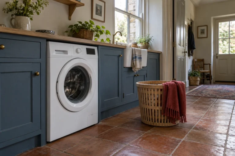 Front-loading washing machine beside a laundry basket with a rust-colored wool scarf