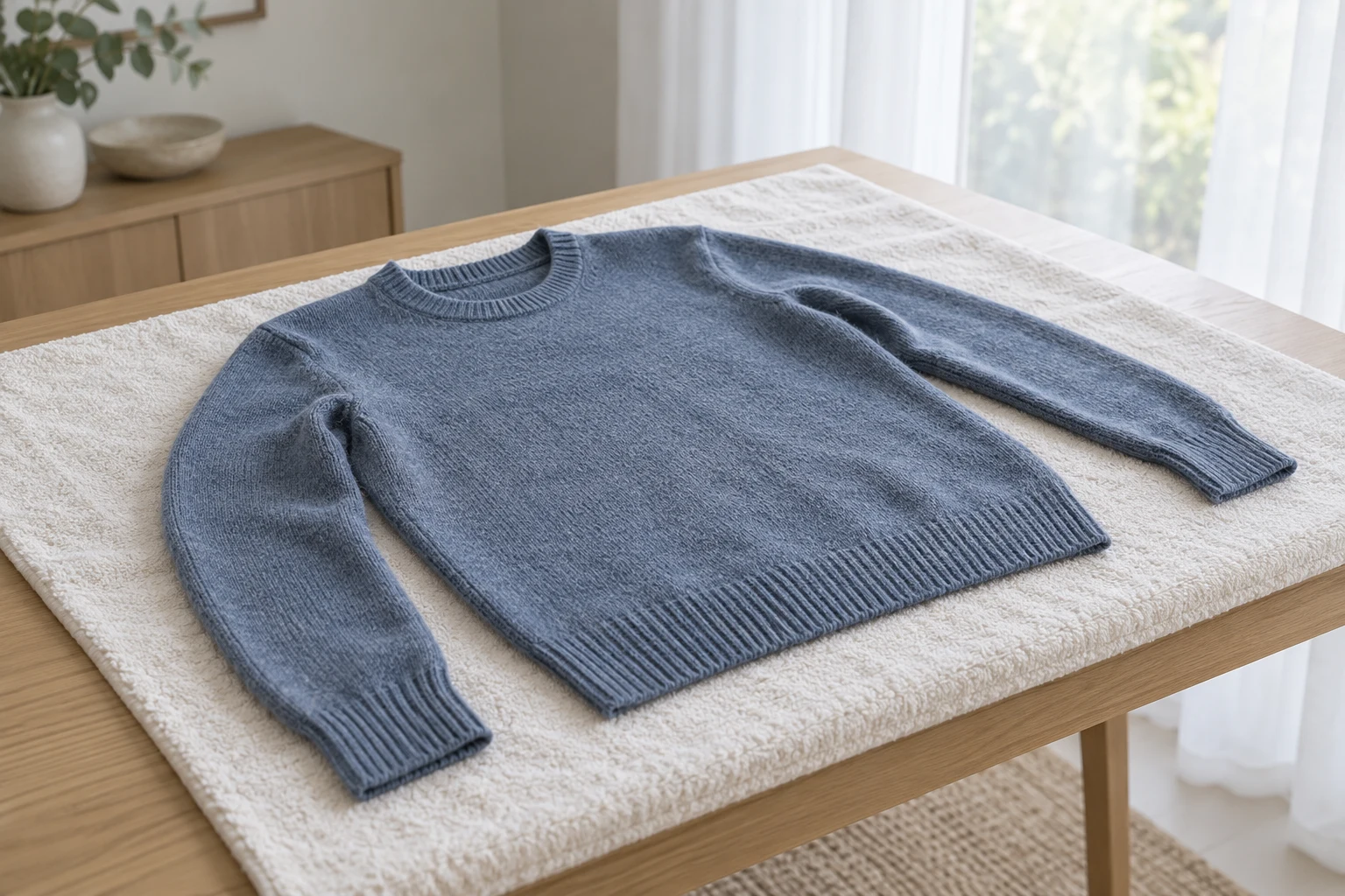 Blue wool sweater lying flat on a white towel for gentle air drying