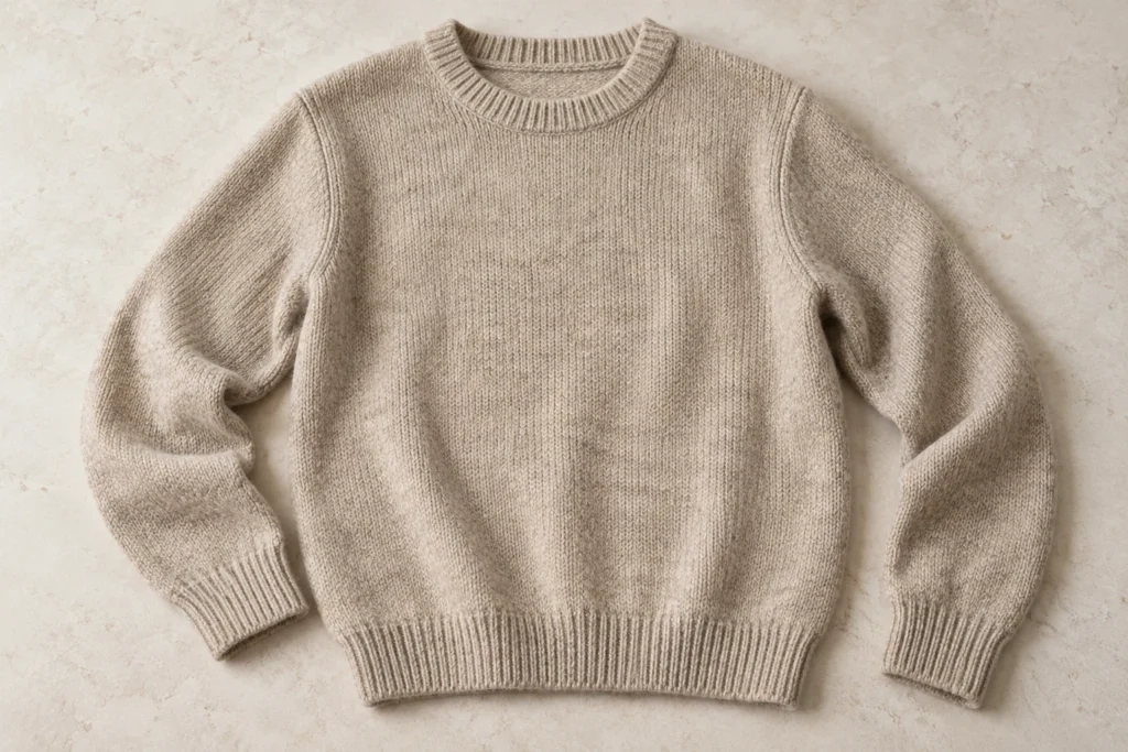 Beige wool sweater laid flat on a neutral surface showing the knit texture and shape