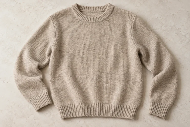Beige wool sweater laid flat on a neutral surface showing the knit texture and shape