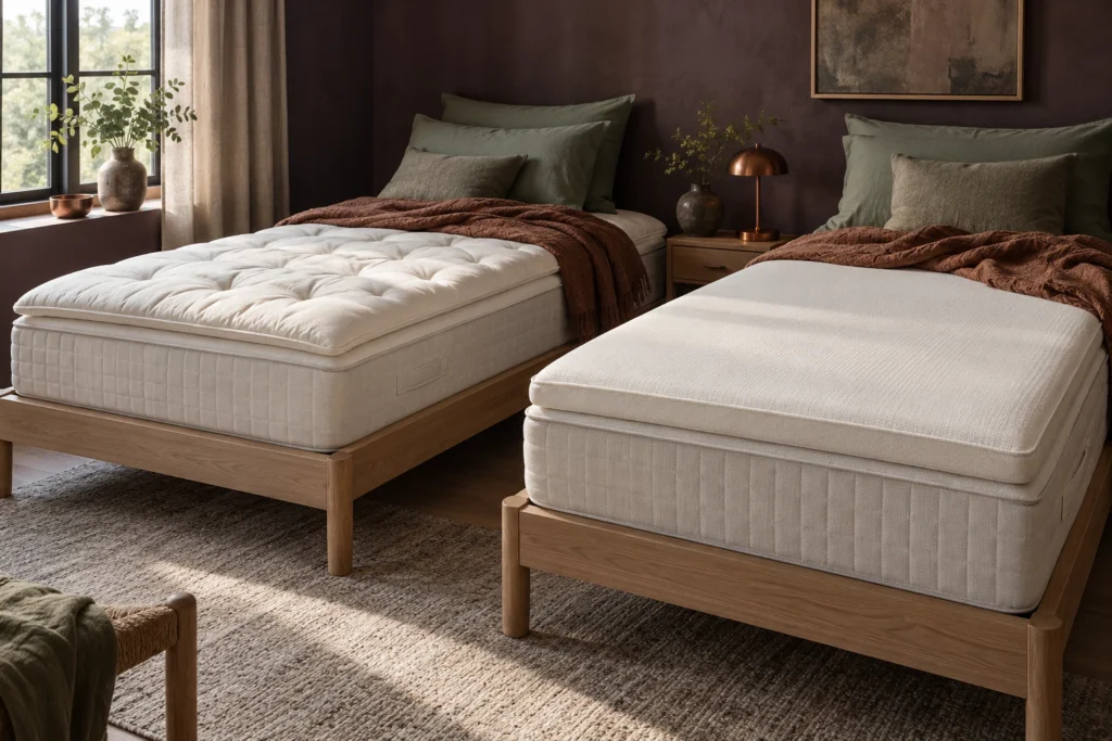 Tufted and smooth covered mattress toppers on separate beds in a muted plum bedroom