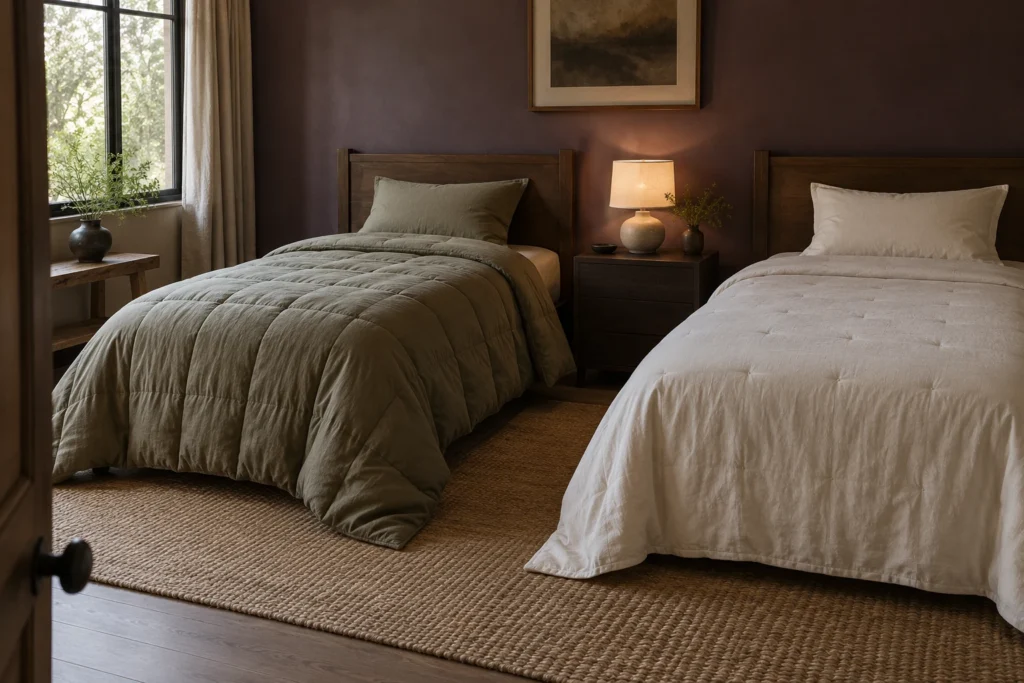 Olive and ivory comforters with different quilting and drape on twin beds in a plum-toned bedroom.