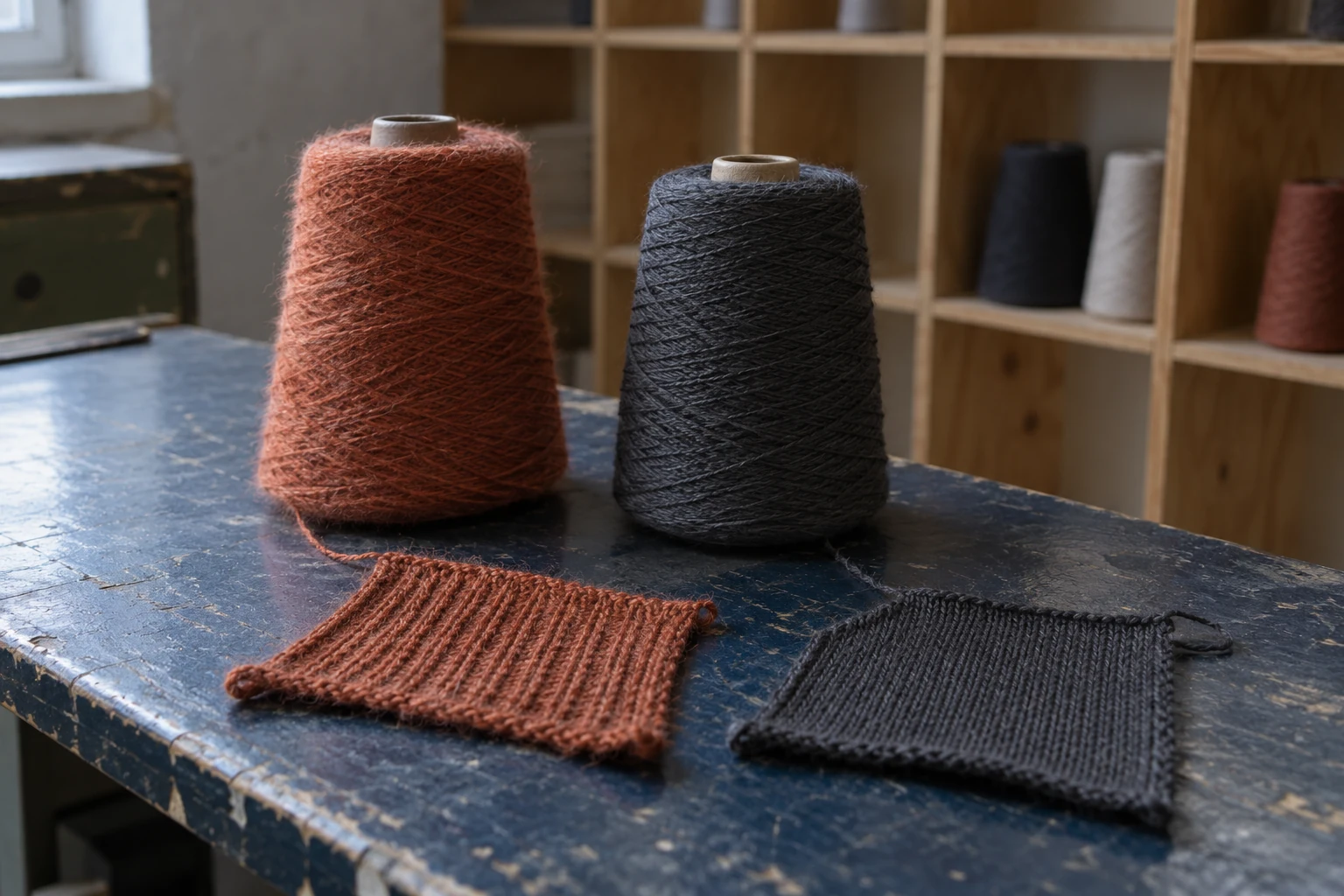 Rust and charcoal yarn cones beside knitted swatches on a textile studio counter