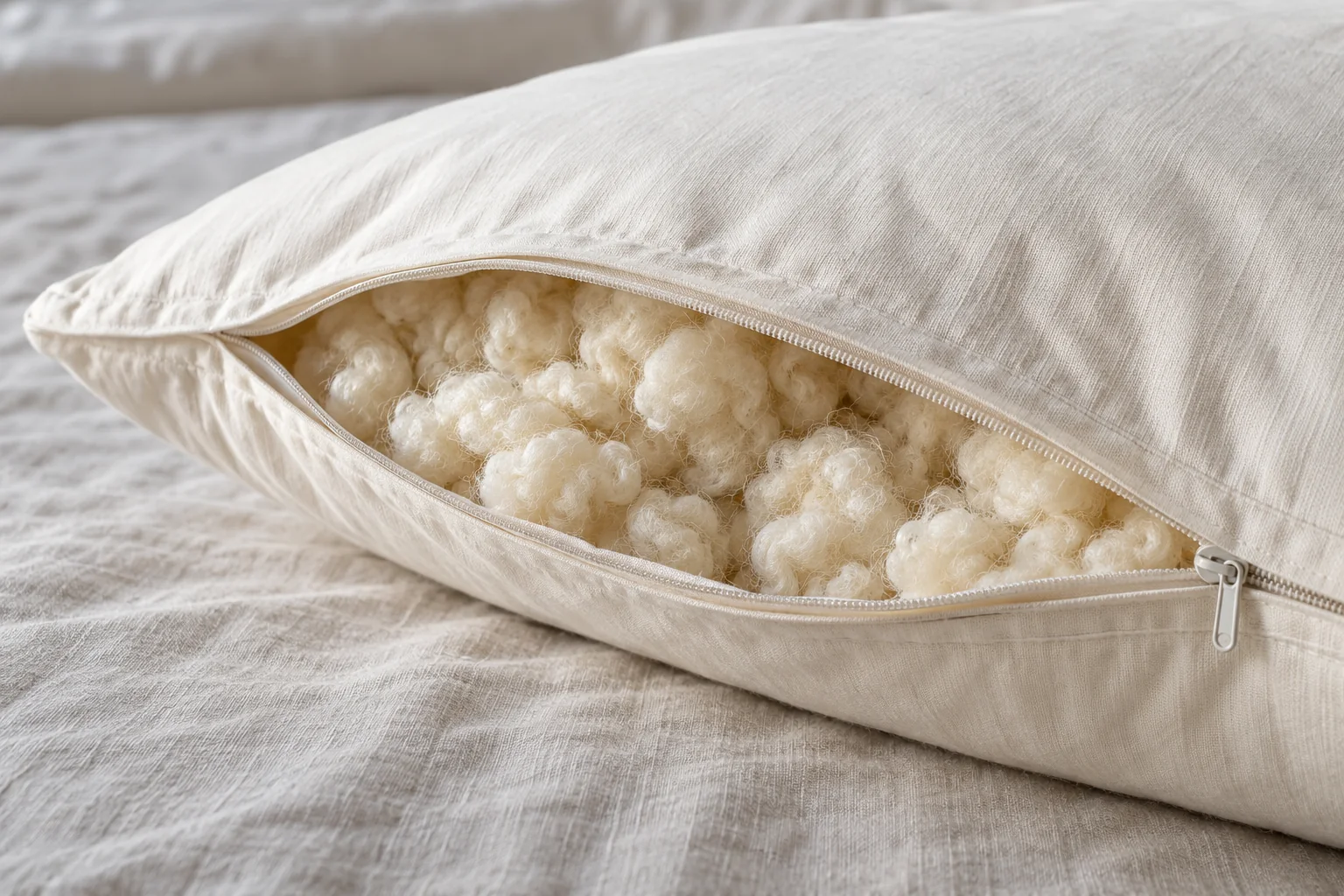 Open cotton pillow cover with loose wool filling visible inside.