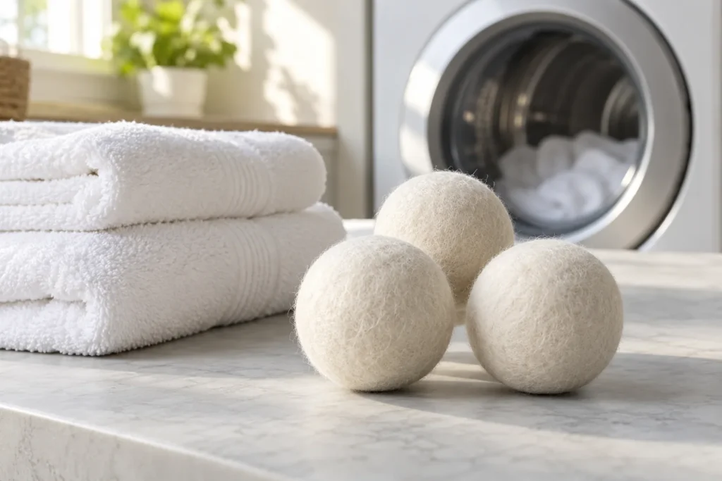 Cream wool dryer balls beside folded cotton towels on a laundry counter.