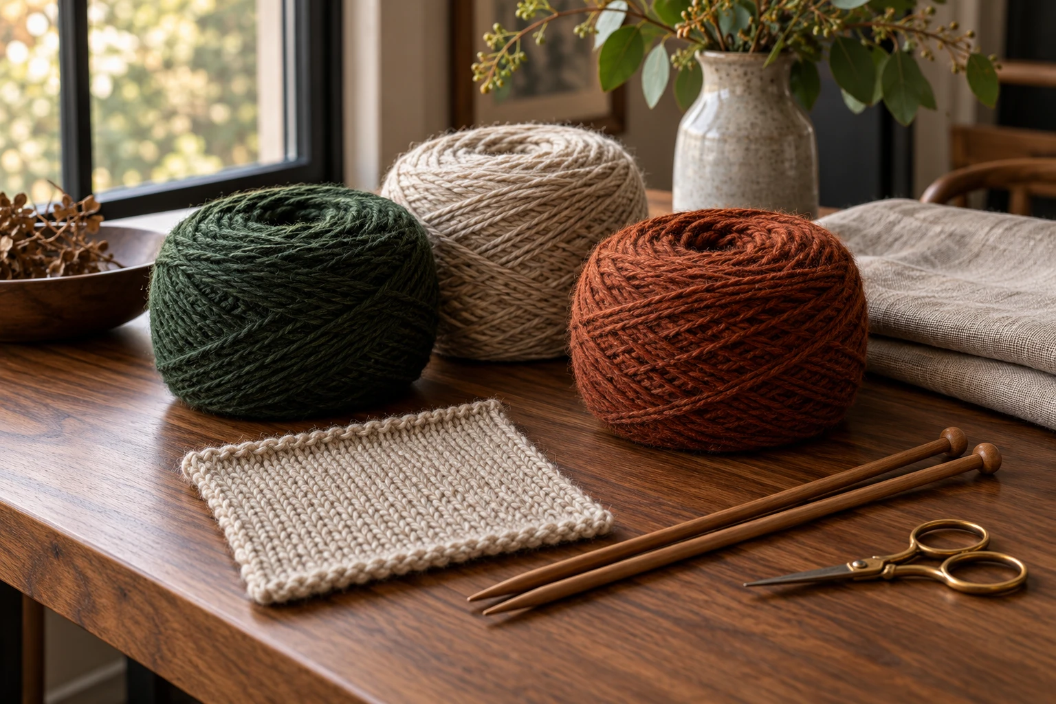 Wool yarn arranged in a modern knitting workspace for choosing a project yarn