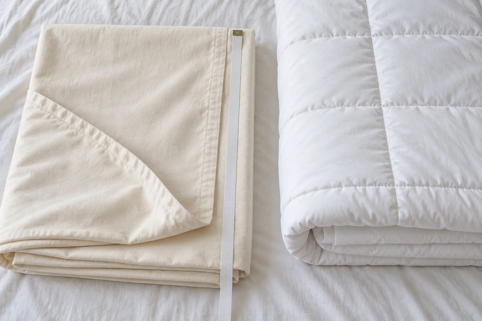 Folded duvet cover and comforter beside a tape measure on a bed