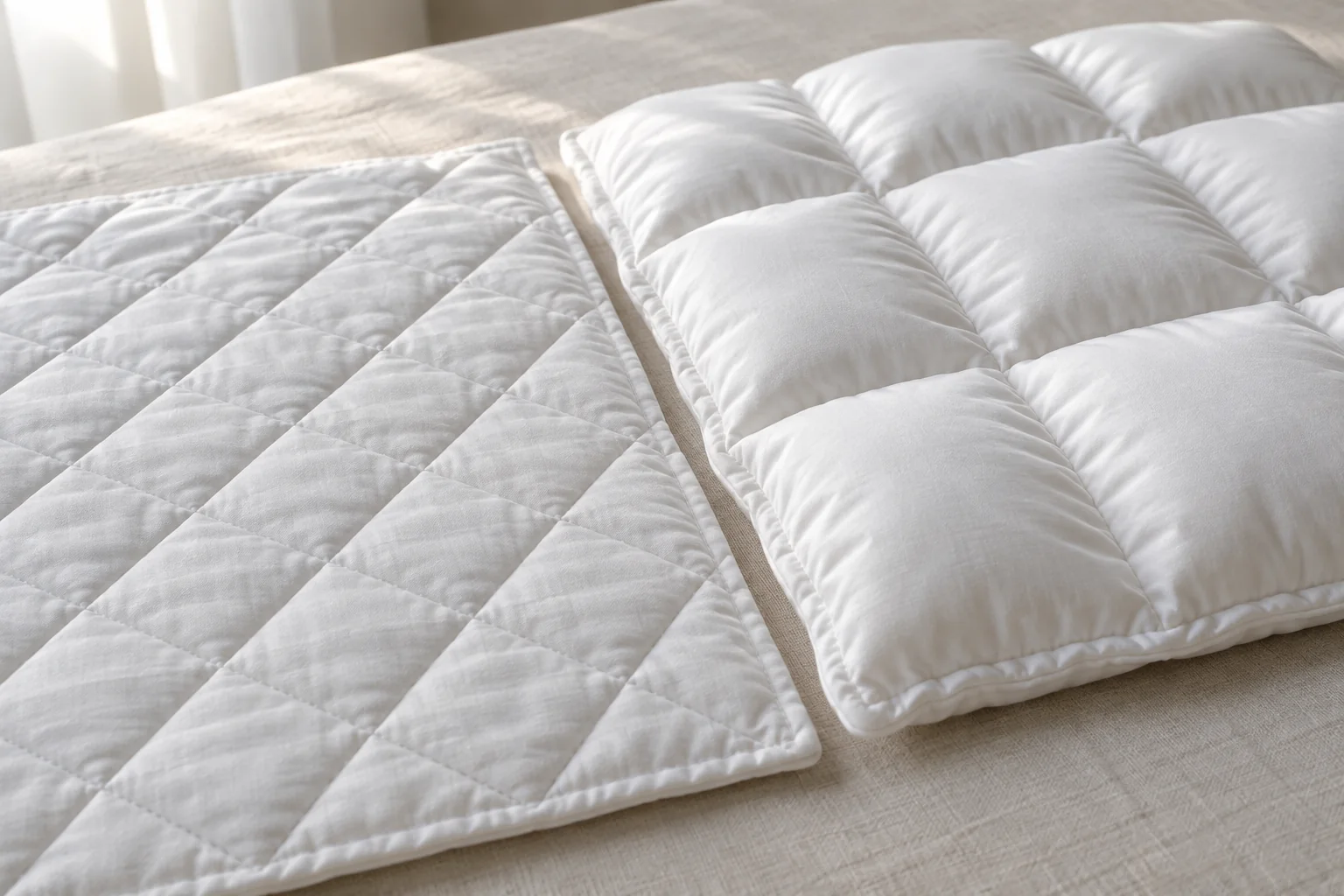 Two white quilted bedding samples showing different stitching and loft