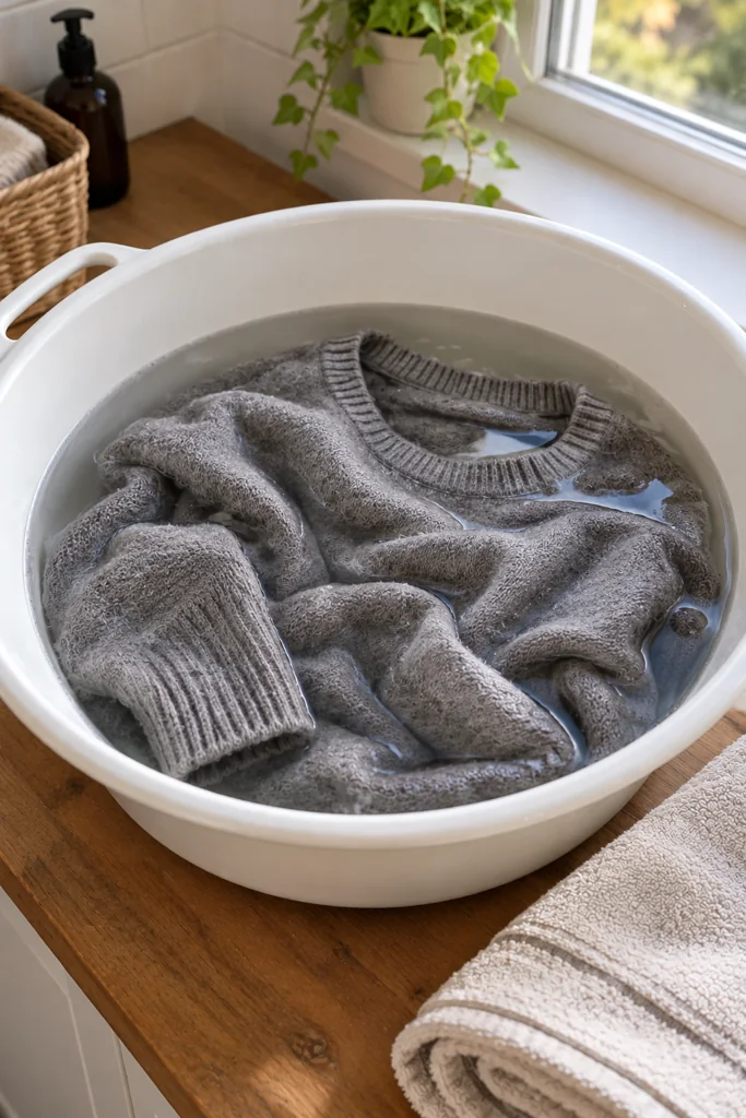 Gray wool sweater soaking in a white wash basin.
