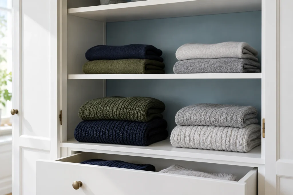 Soft wool sweaters folded in short stacks on white wardrobe shelves.