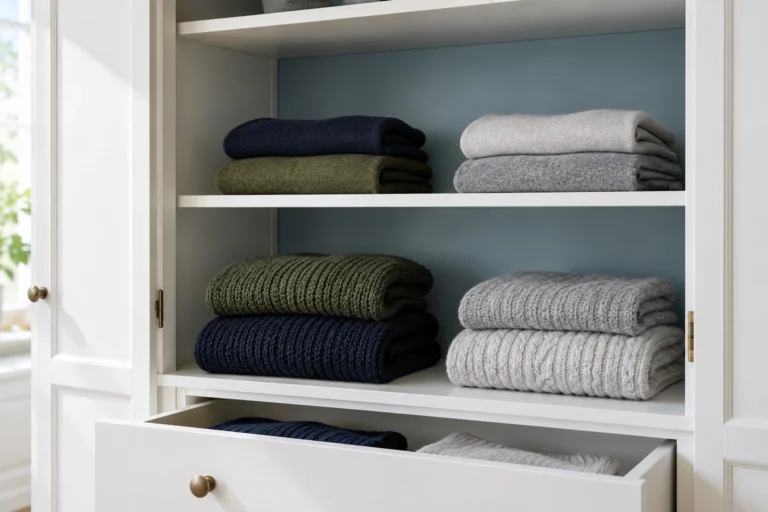 Soft wool sweaters folded in short stacks on white wardrobe shelves.