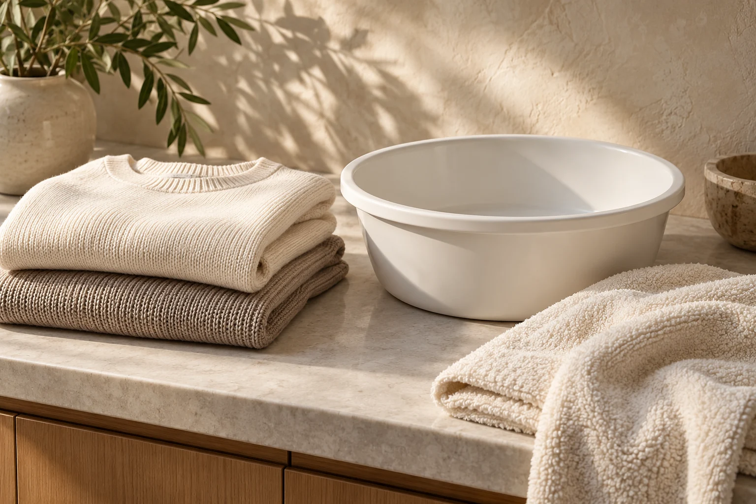 Folded knitwear beside an empty white wash basin and a clean drying towel.