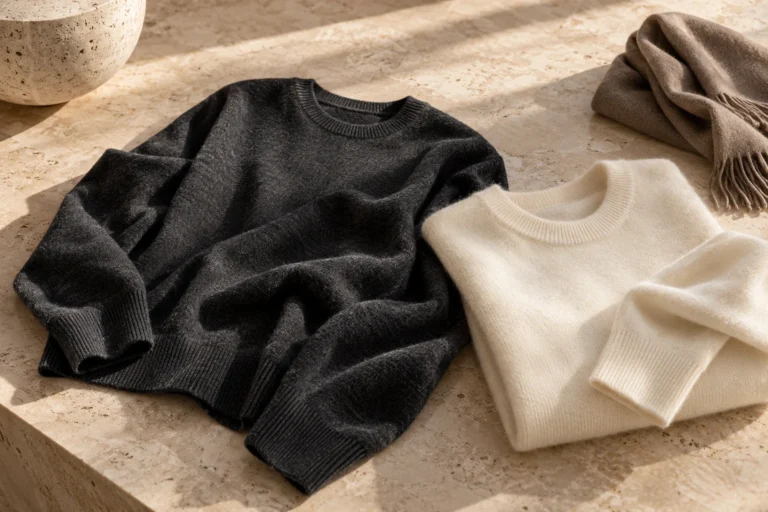 Cream and charcoal fine-knit sweaters arranged beside a folded taupe scarf.