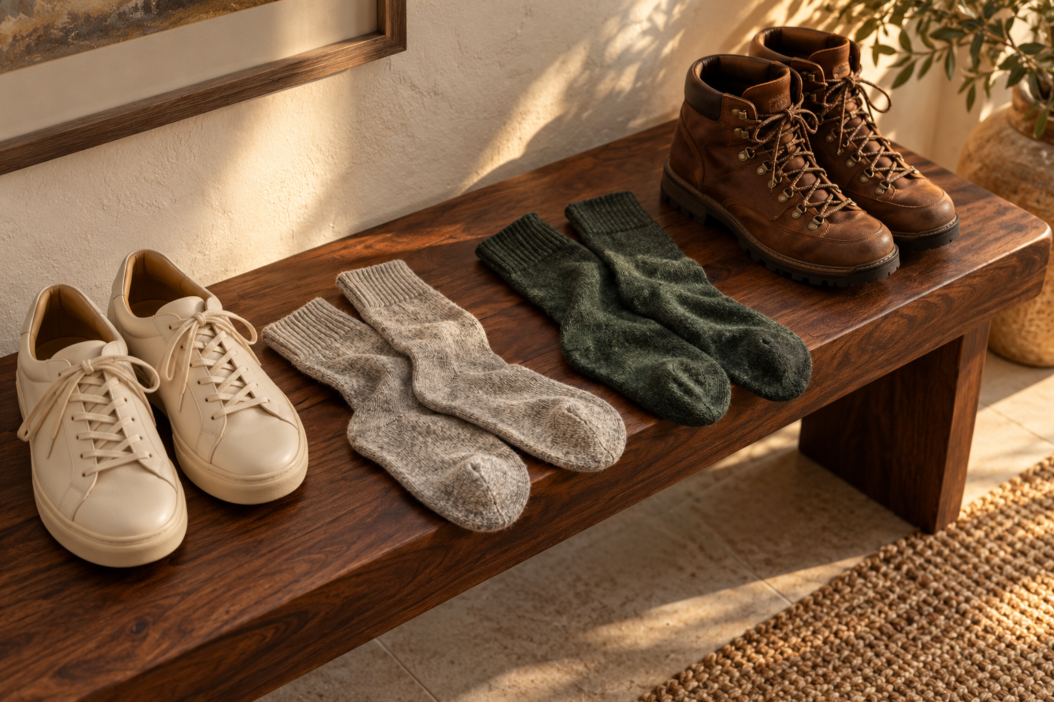 Light gray and dark green socks resting naturally beside sneakers and hiking boots on a modern entryway bench