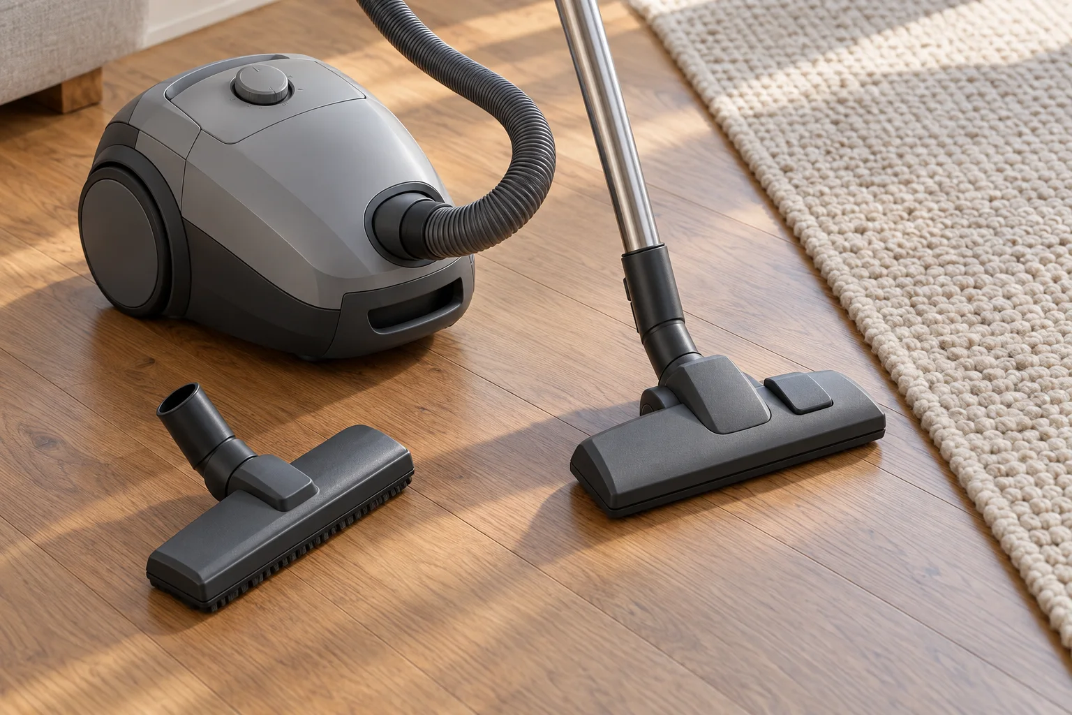 Canister vacuum control dial and detached floorhead beside a wool rug