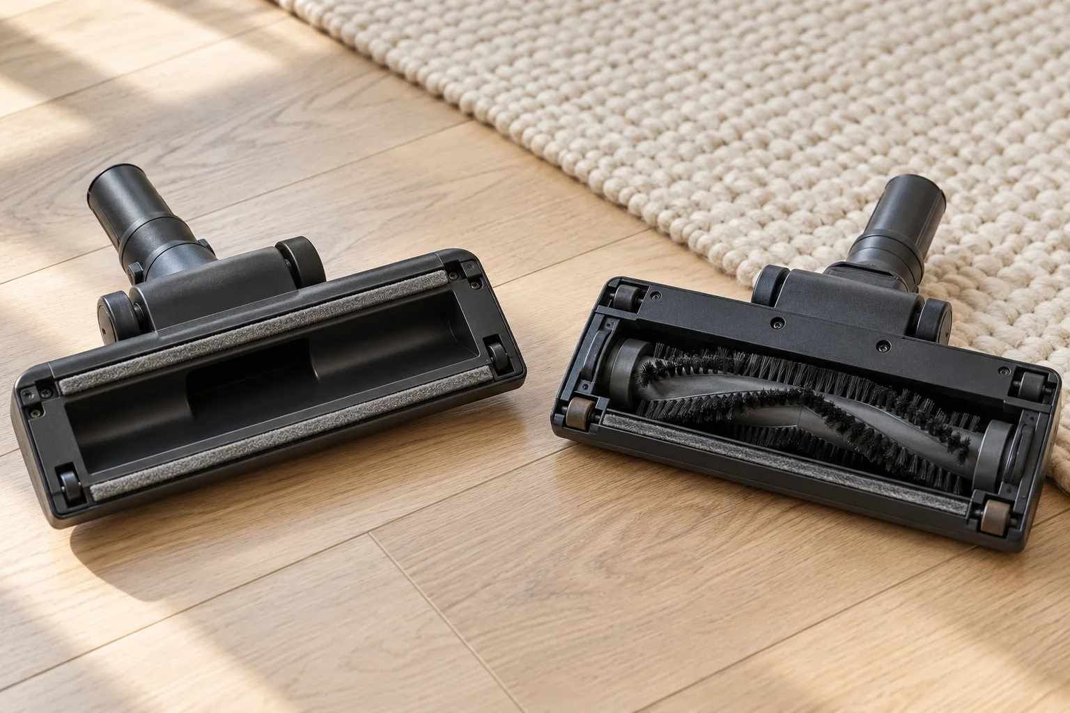 Two vacuum floorheads beside a wool rug, one with a visible brush roll