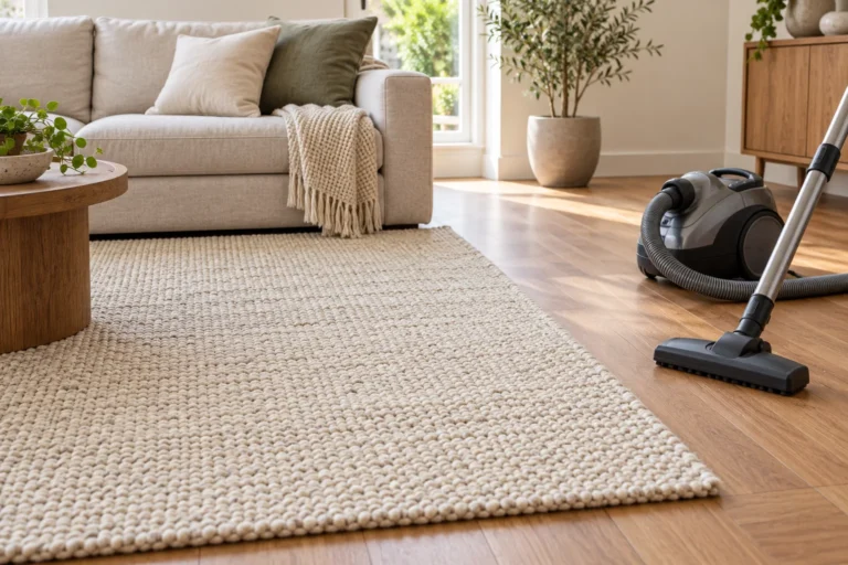 Woven wool rug in a bright living room with a canister vacuum nearby