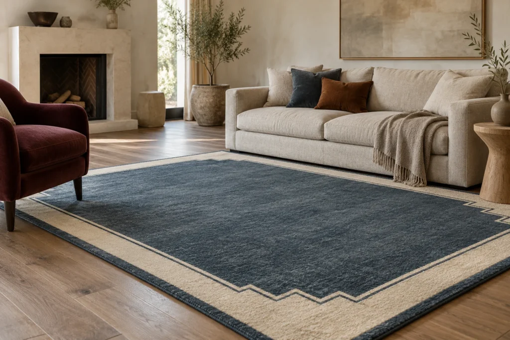 Blue and ivory wool area rug beside an oatmeal sofa and burgundy chair