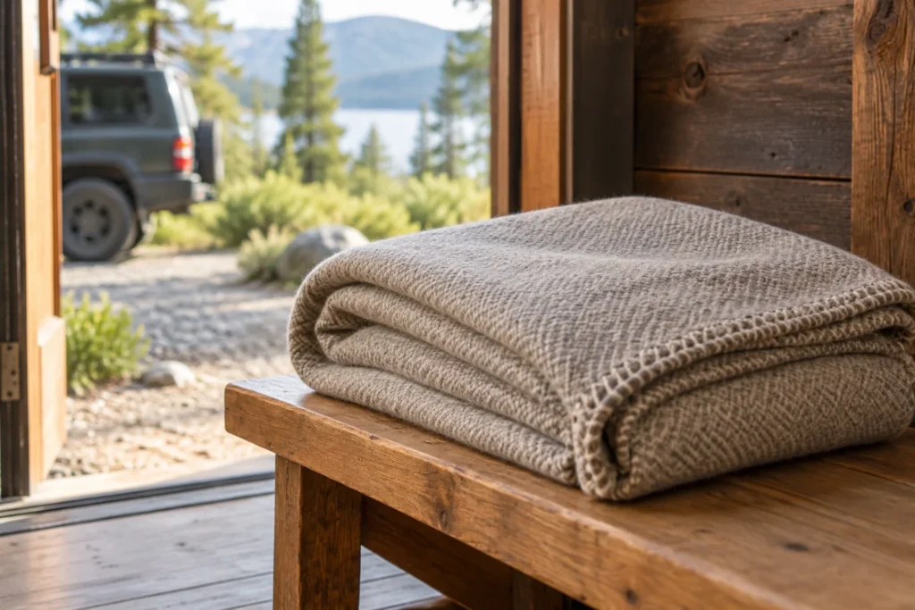 Folded wool blanket on a wooden bench beside a cabin doorway.