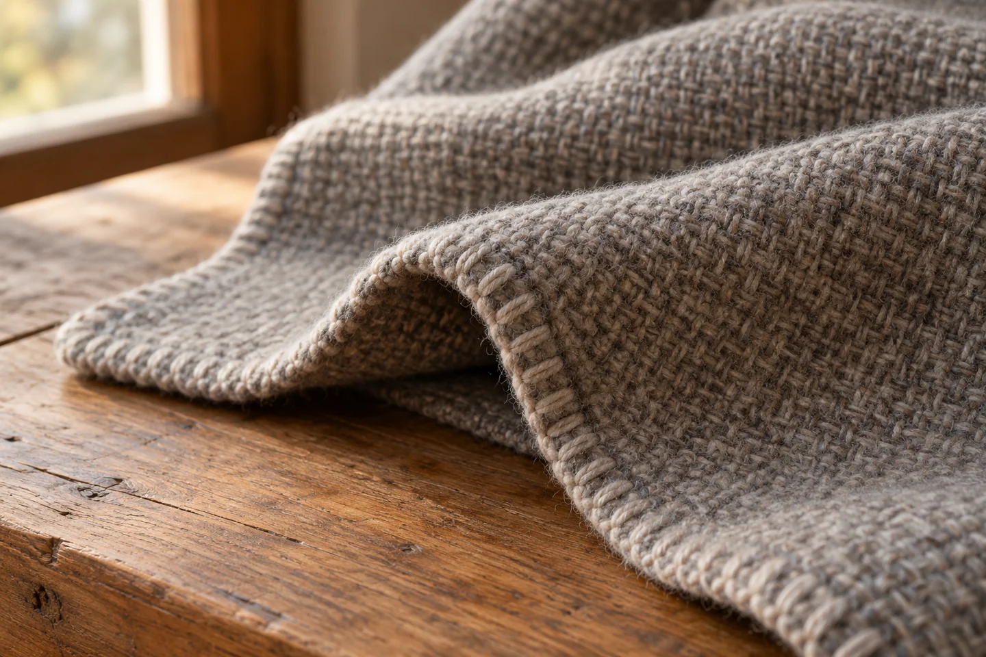 Close-up of woven wool blanket fabric and its stitched edge.