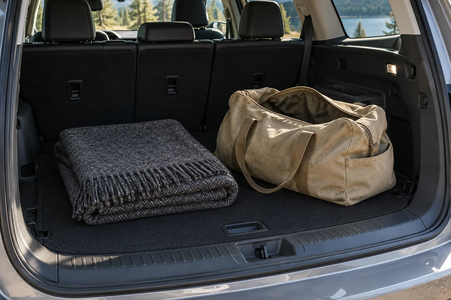 Folded wool blanket beside a canvas bag in a vehicle cargo area.