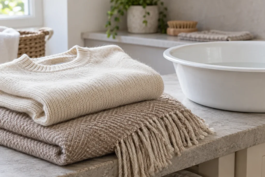 Cream knit sweater folded on an oatmeal wool throw beside a wash basin.