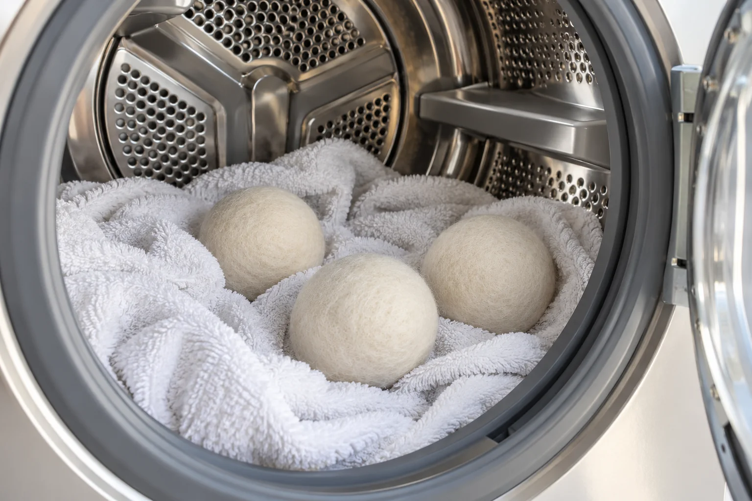 Wool dryer balls with cotton towels inside an open dryer drum.