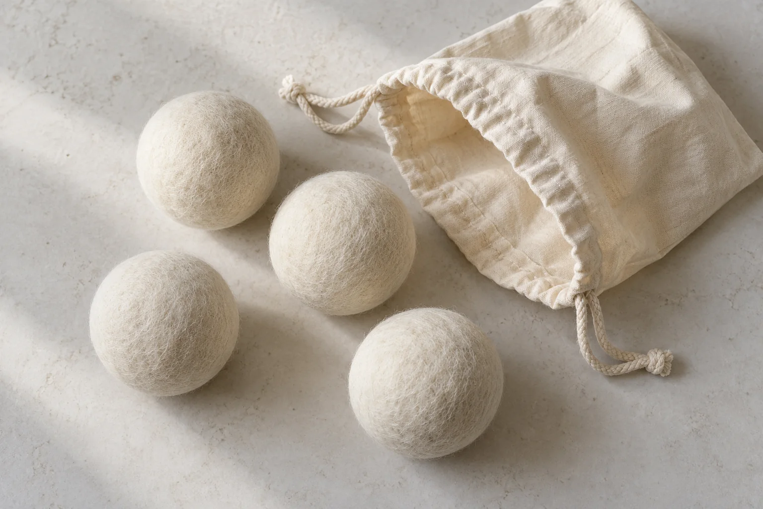 Plain wool dryer balls beside an open cotton storage bag.