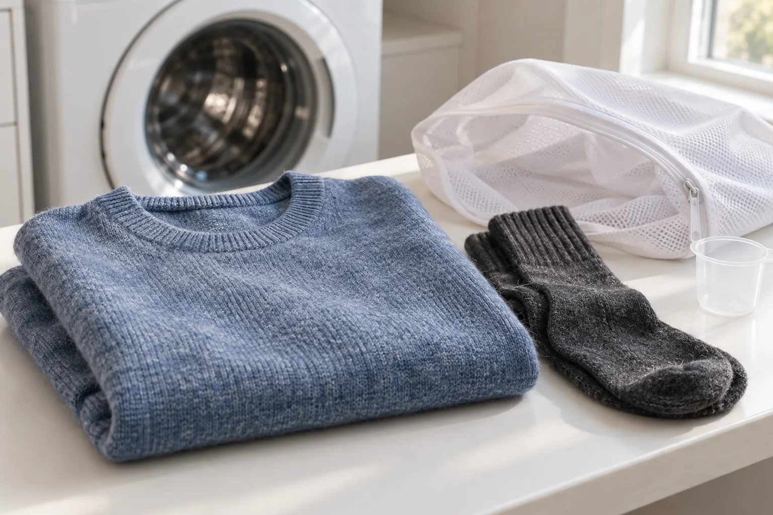 Blue knit sweater and charcoal socks beside a mesh laundry bag.