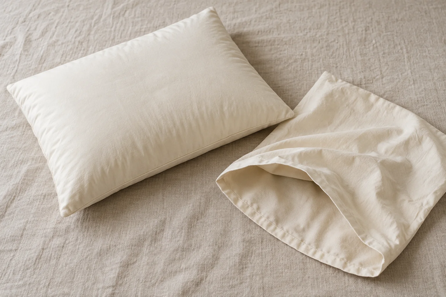 Separate pillow cover and pillow insert on a clean linen surface.