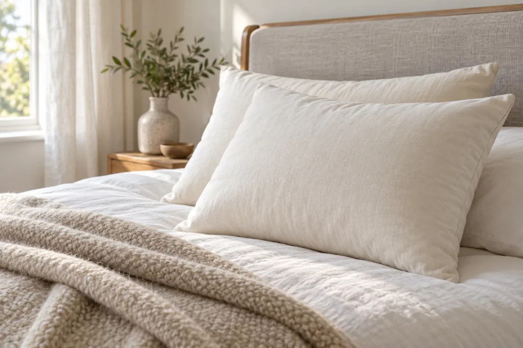 Cream pillows on a neatly made bed beside a folded wool blanket.