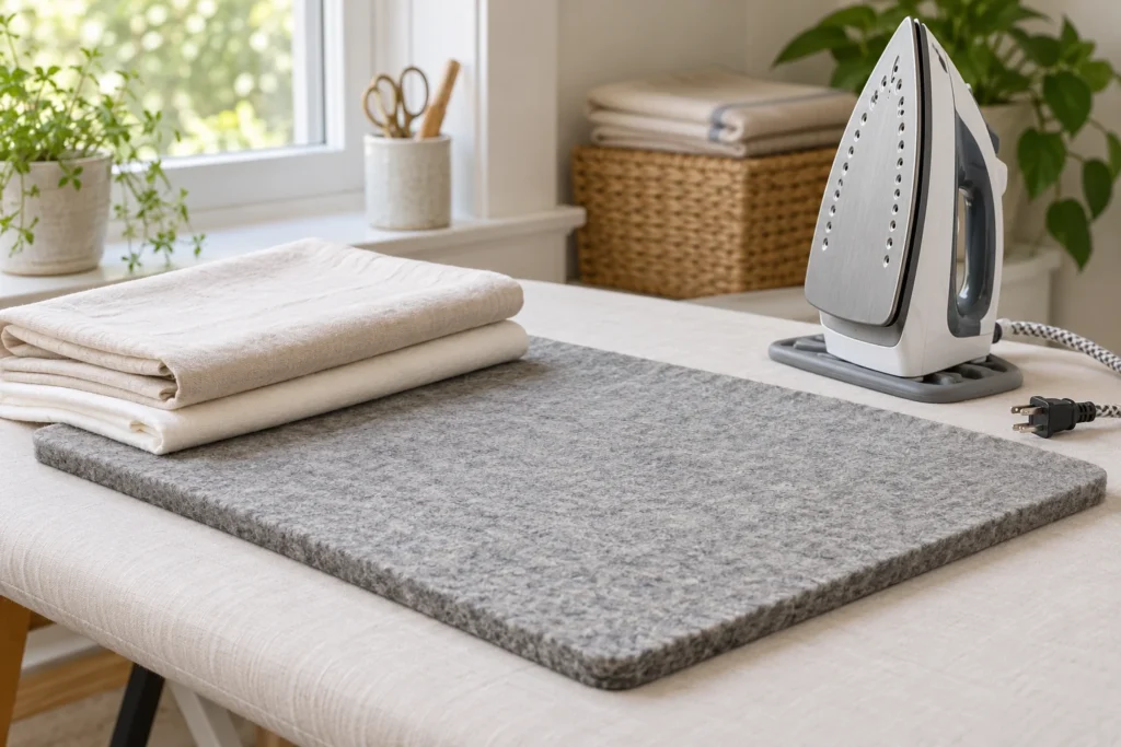 Gray wool pressing mat with folded cotton fabric and an upright unplugged iron at a sewing station.